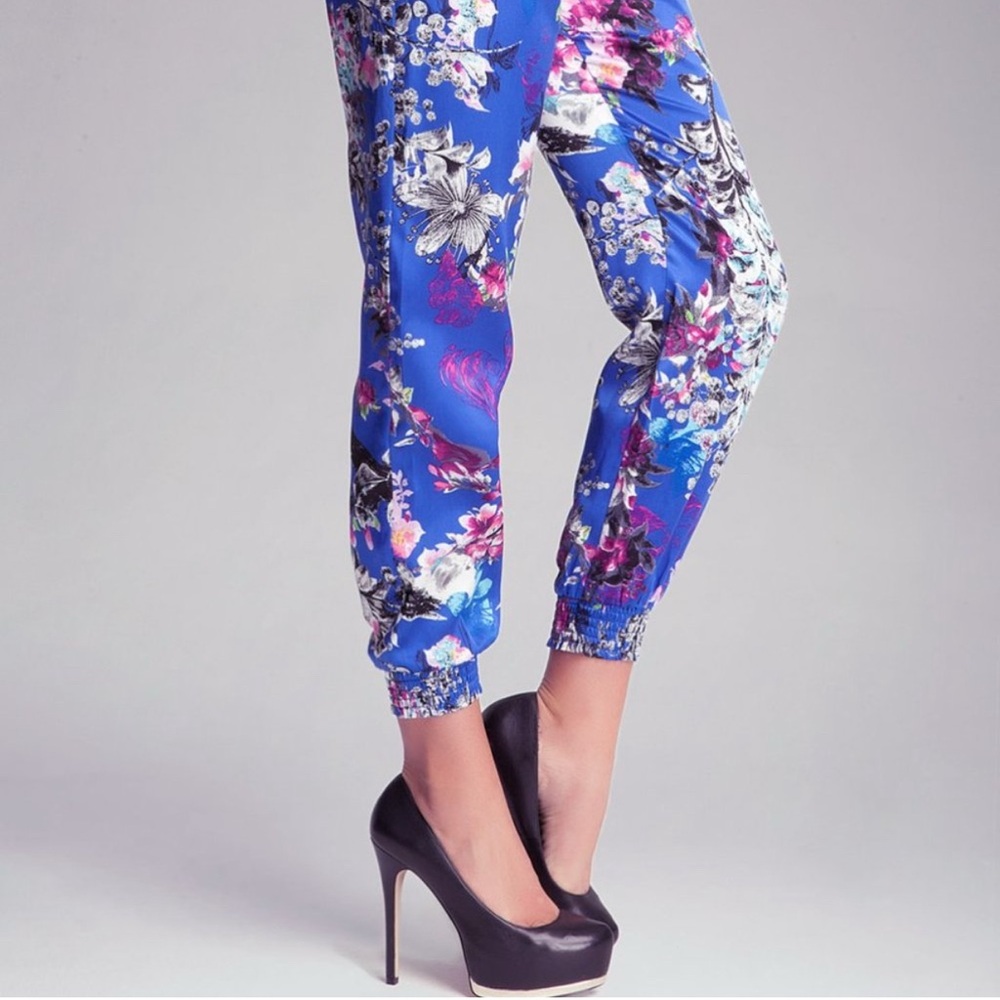 bebe Harem Pants Blue Floral Silk Cotton y2k 2000s S - Picture 3 of 10